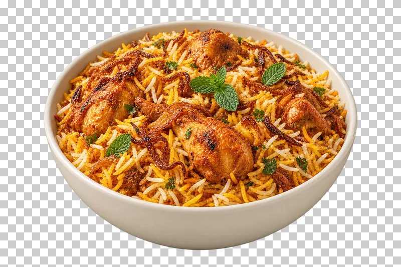 Layered long-grain basmati rice with visible chicken pieces, fried onion strands and a few mint leaves, in a broad ivory rice bowl