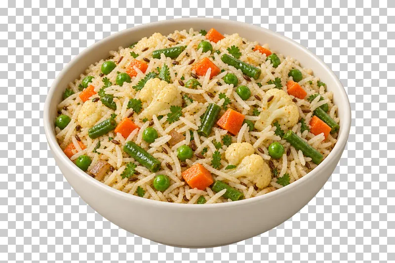 Separate cooked basmati grains with peas, carrot pieces, green beans and cauliflower, in a broad ivory rice bowl