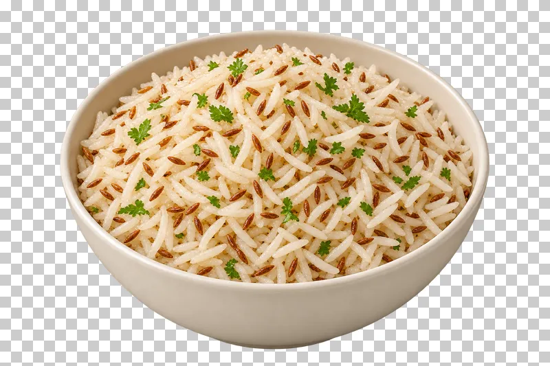 Fluffy cooked basmati rice with visible toasted cumin seeds, in a broad ivory rice bowl.