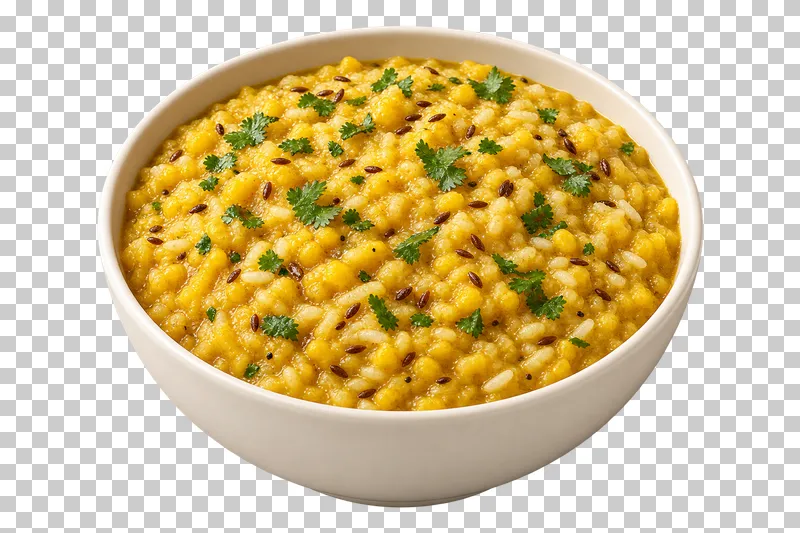 Soft cooked rice and yellow moong lentils, thick and spoonable, with a little cumin tempering, in a broad ivory bowl