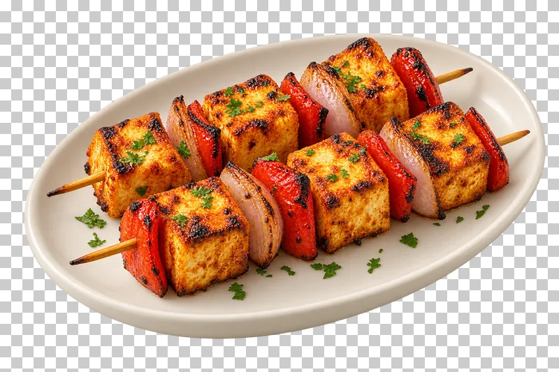 Two short wooden skewers alternating grilled paneer cubes with red pepper and onion petals, on a plain oval ivory plate.