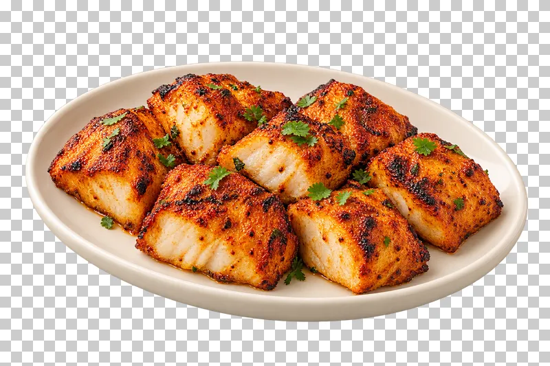 A small portion of thick grilled white-fish chunks with pale flaky cut faces and spice-charred outer surfaces, on a plain oval ivory plate.
