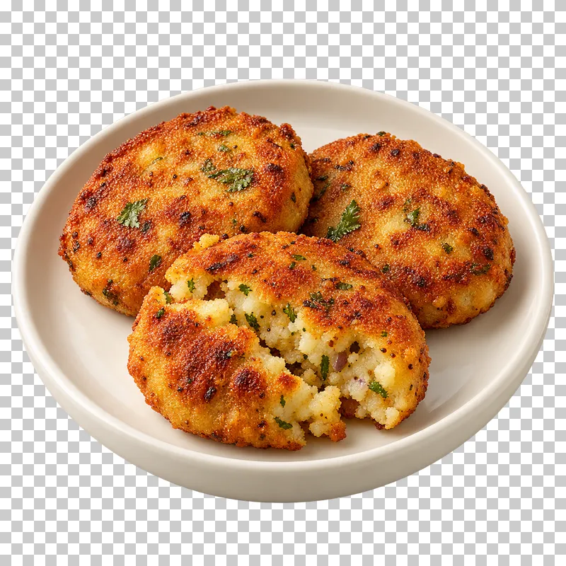 Three flattened golden potato patties, one broken to show the coarse potato interior, on a small round ivory plate