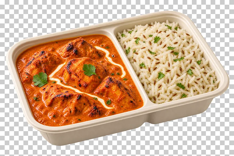 One complete unbranded two-compartment takeaway tray containing butter chicken and jeera basmati rice