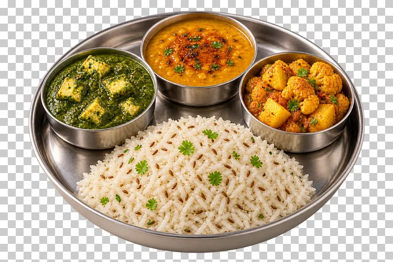 One round plain stainless-steel thali with jeera rice and three small steel bowls containing palak paneer, dal tadka and aloo gobi