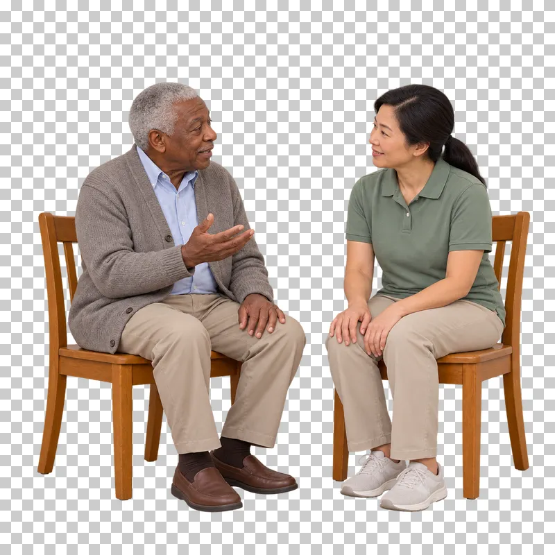 An older man talks with a female companion while both sit on wooden chairs.