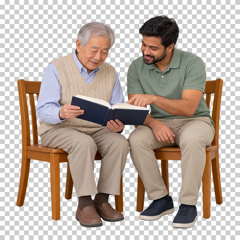 An older man holds an open book while a seated companion points toward a page.