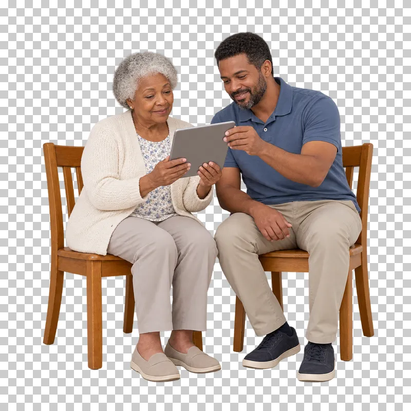 An older woman holds a tablet while an adult companion helps orient its corner.