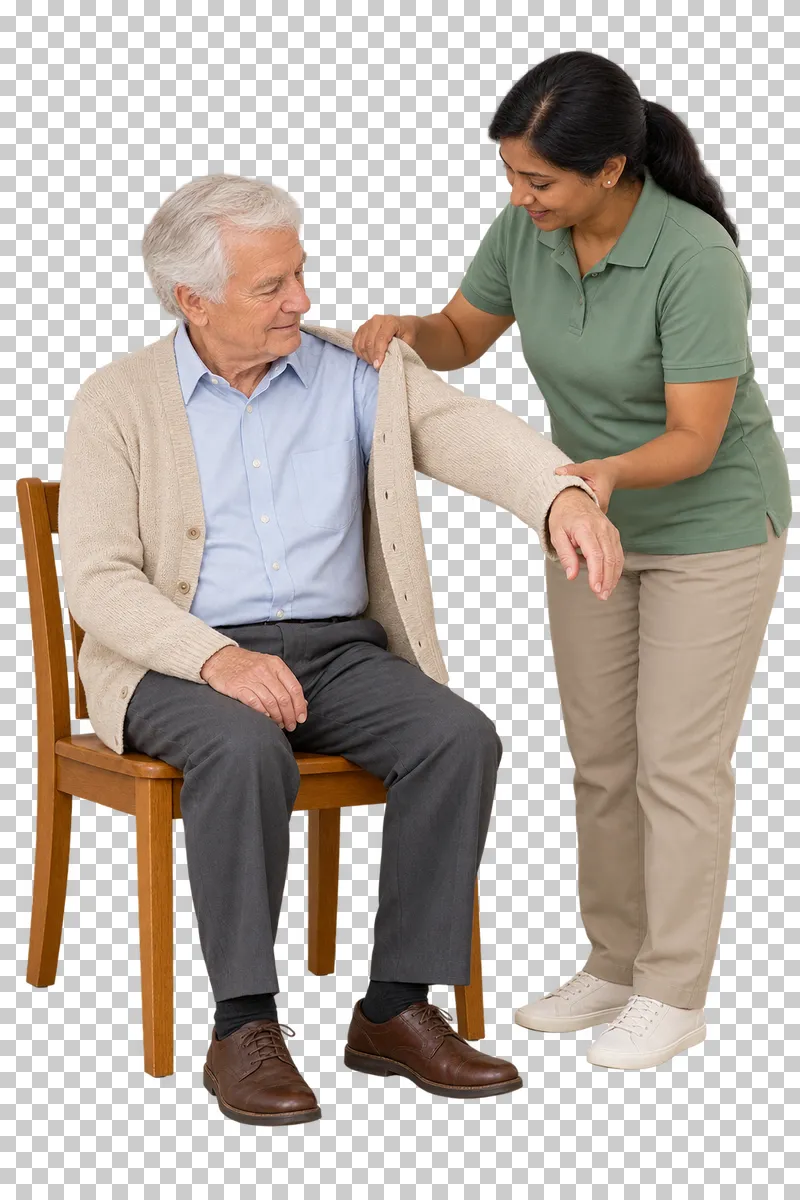 A caregiver supports a cardigan shoulder and cuff as a seated older man extends his arm into the sleeve.