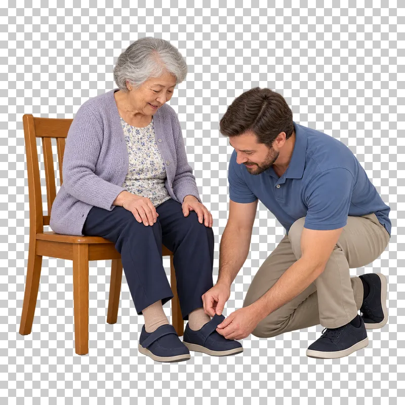 A kneeling caregiver fastens the broad strap of a seated older woman's shoe.