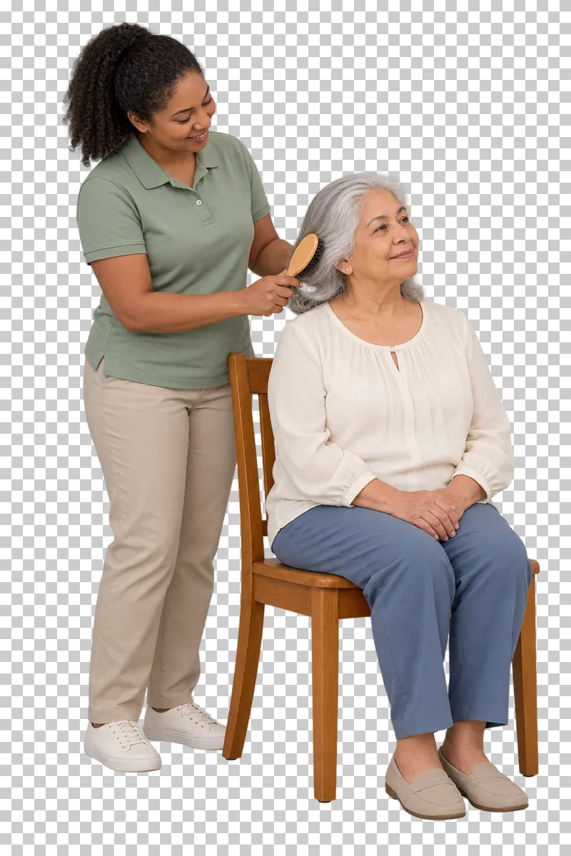A caregiver brushes the silver hair of an older woman seated on a wooden chair.