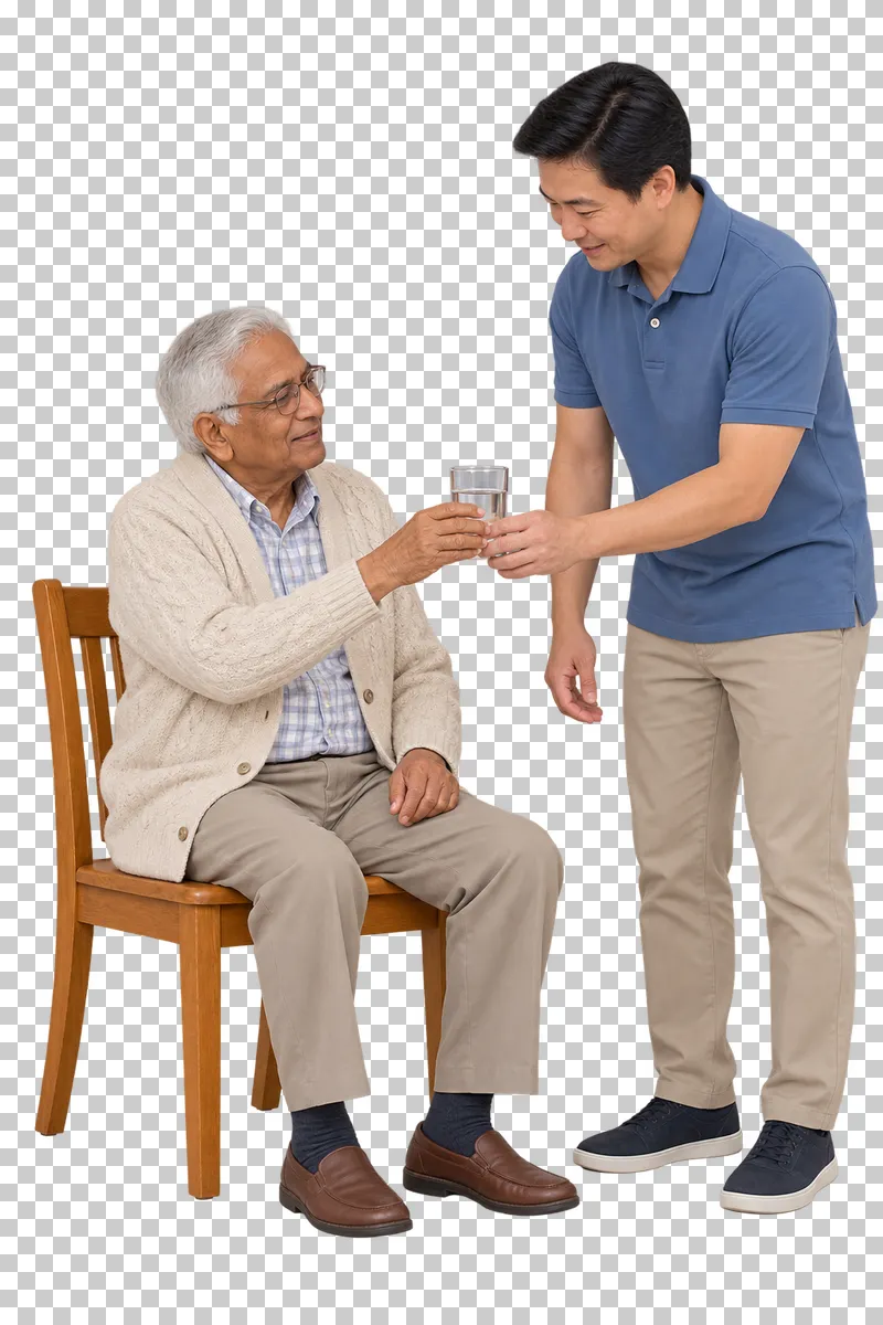 An older man reaches to receive a glass of water from a standing caregiver.