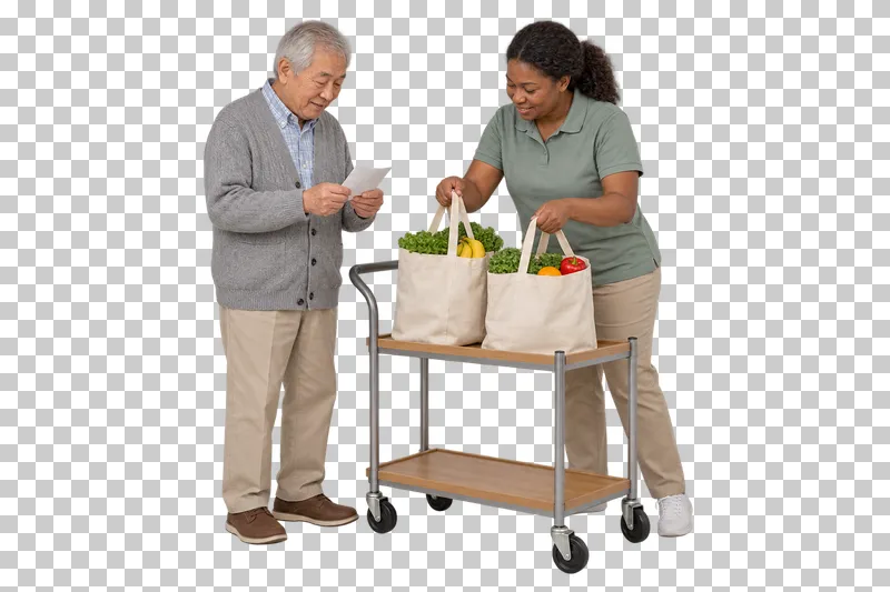 A caregiver sets two grocery bags on a trolley while an older man checks a blank list.