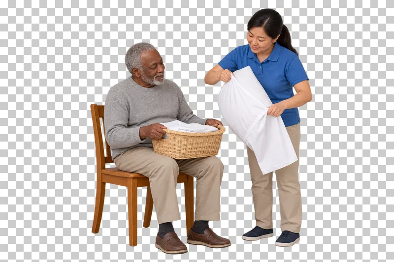 A caregiver fits a pillowcase while a seated older man holds a linen basket.
