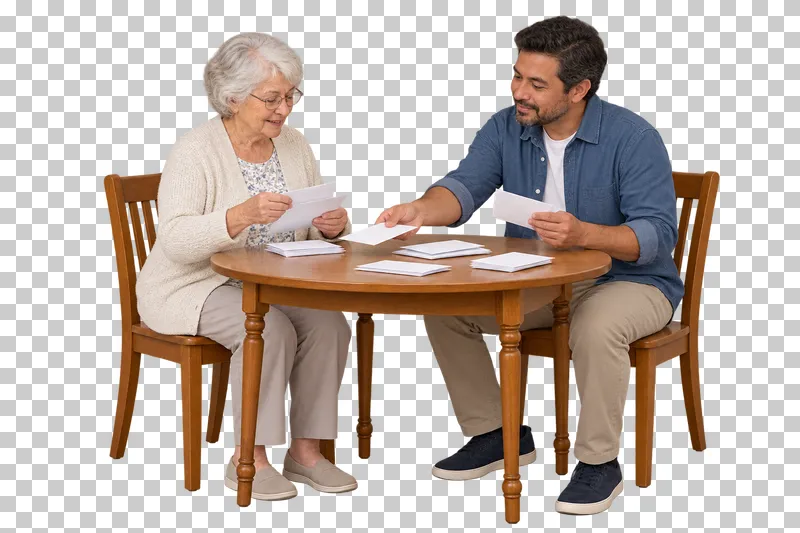 An older woman and an adult relative sort blank household envelopes at a table.