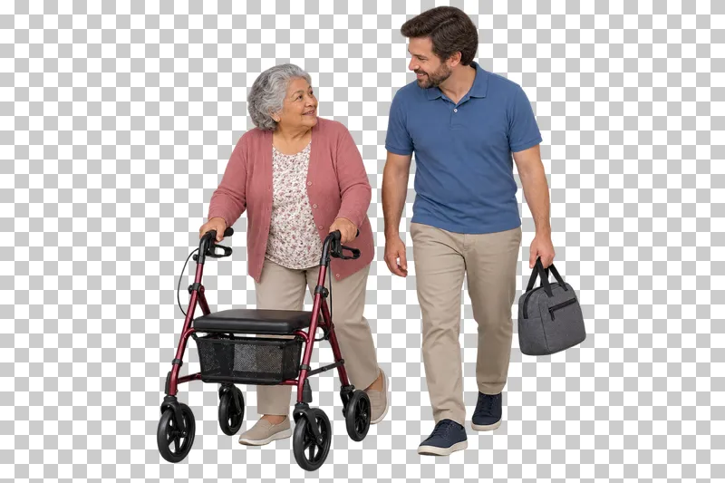 An older woman walks with her rollator while a caregiver accompanies her with a day bag.