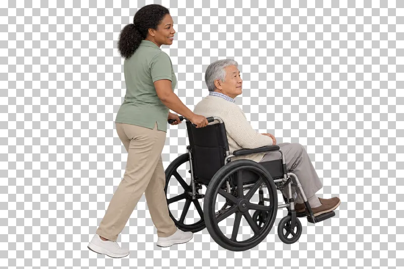 A caregiver holds both rear push handles of a manual wheelchair carrying an older man.