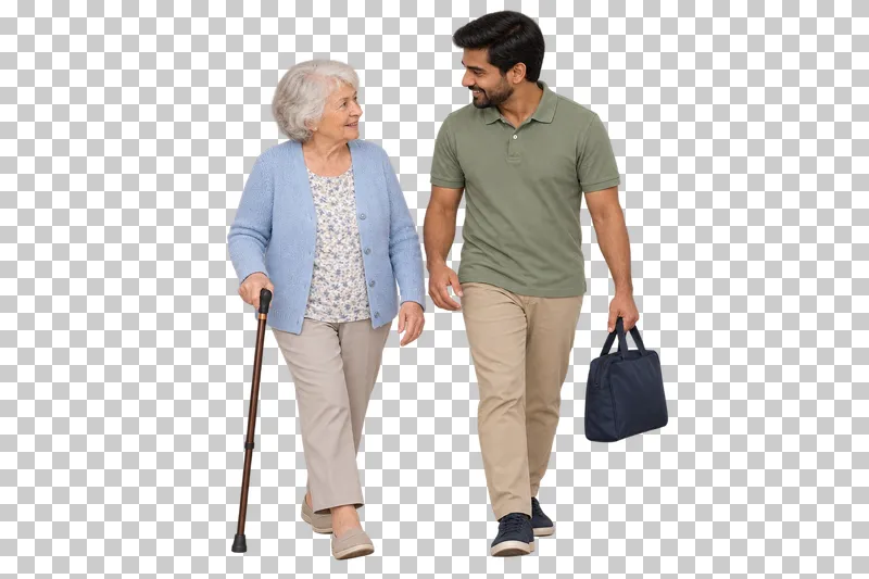 An older woman walks with her cane beside a caregiver carrying a small bag.