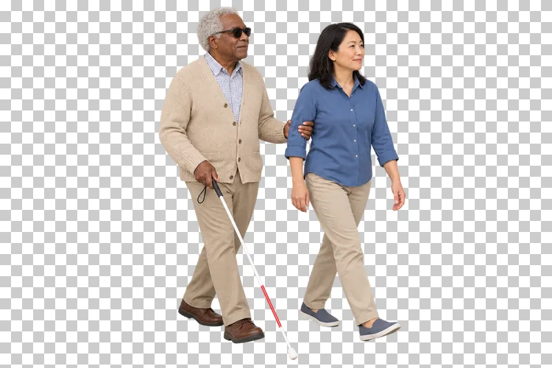 An older man holds a guide's offered upper arm while walking slightly behind with his white cane.