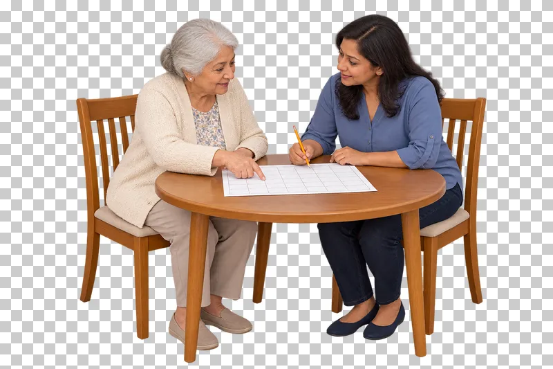 An older woman points to a blank calendar grid while a relative holds a pencil.