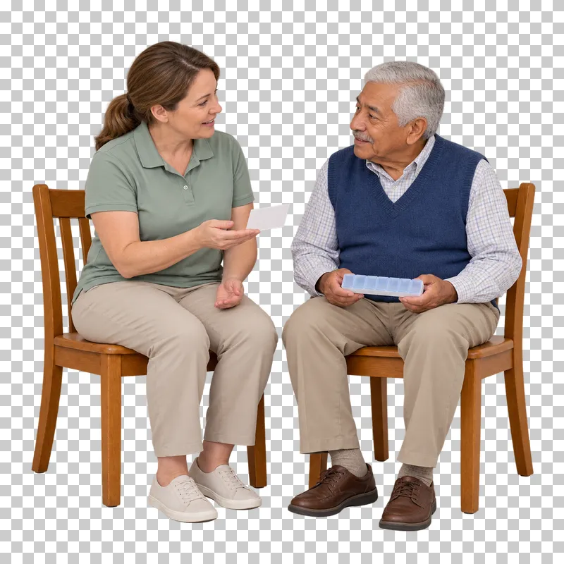 An older man holds his closed weekly organizer while a caregiver holds a blank reminder card.