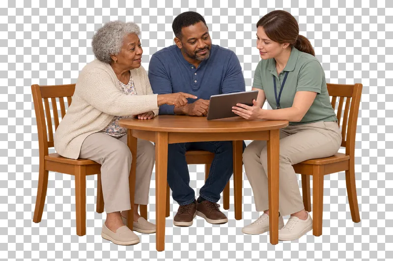 An older woman, an adult relative and a coordinator discuss a tablet at a compact table.