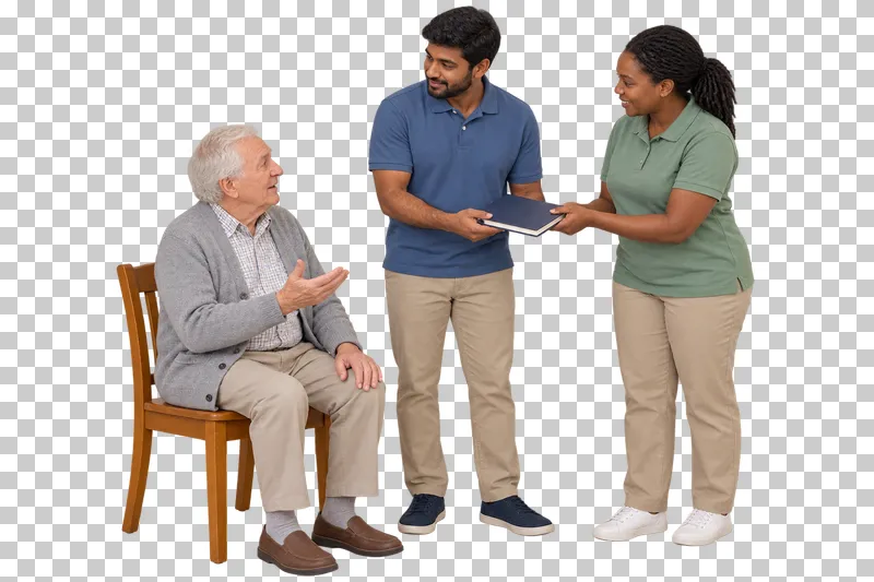 Two caregivers exchange a closed notebook while a seated older man participates in conversation.