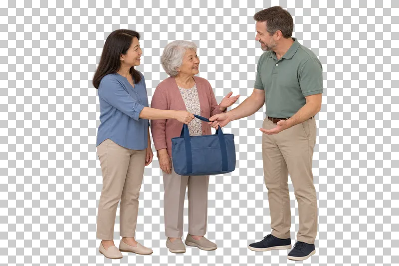 A family member and staff member share the grip of a day bag while an older woman greets the staff member.
