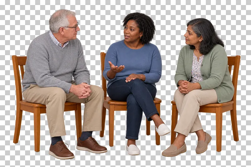 Three seated adults listen and speak in a small peer-support circle.