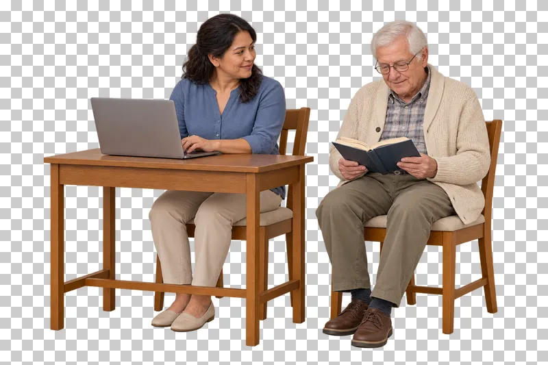 An adult works at a laptop desk beside an older relative reading a book.