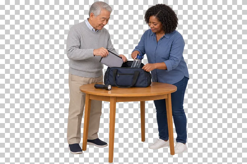 An older man and a relative place a document pouch and water bottle into a day bag on a table.