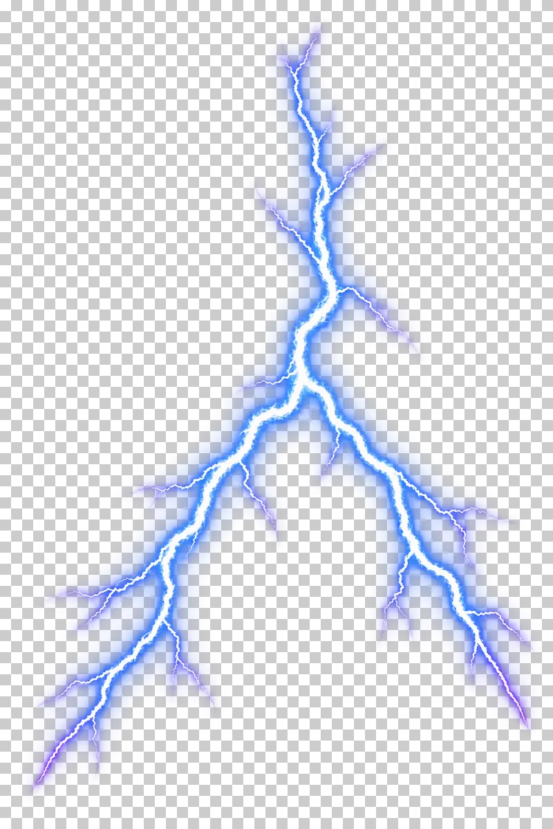 A tall lightning channel dividing into two broad lower branches.