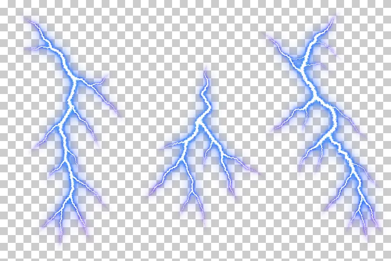 Three separate lightning channels of different lengths and branching patterns.