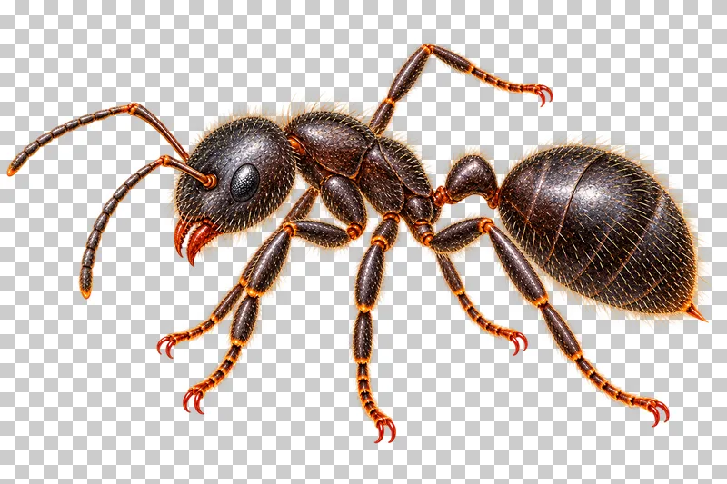 Natural-history colored-pencil illustration of black garden ant worker.