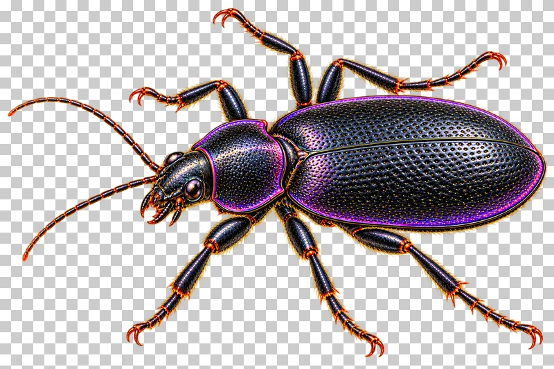 Natural-history colored-pencil illustration of violet ground beetle.