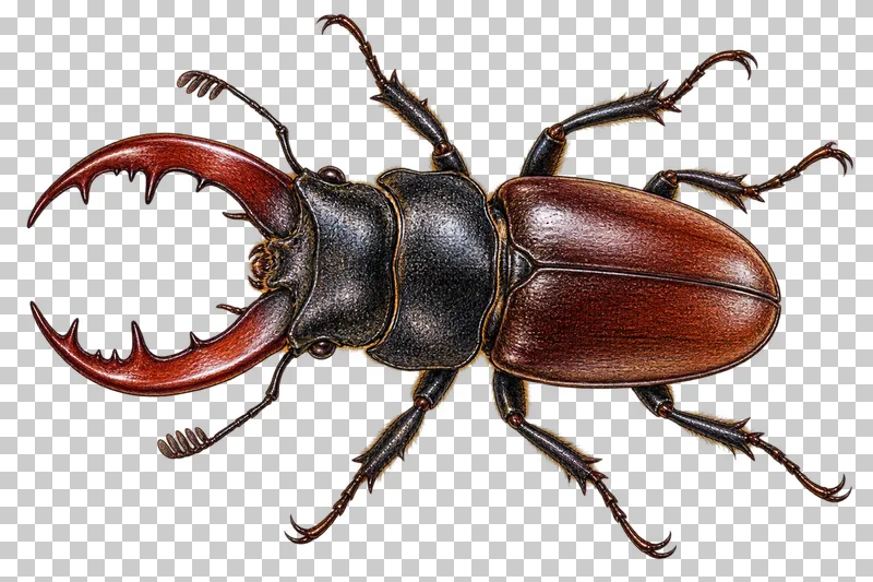 Natural-history colored-pencil illustration of male European stag beetle.