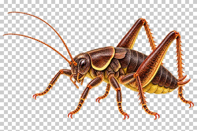Natural-history colored-pencil illustration of dark bush cricket.