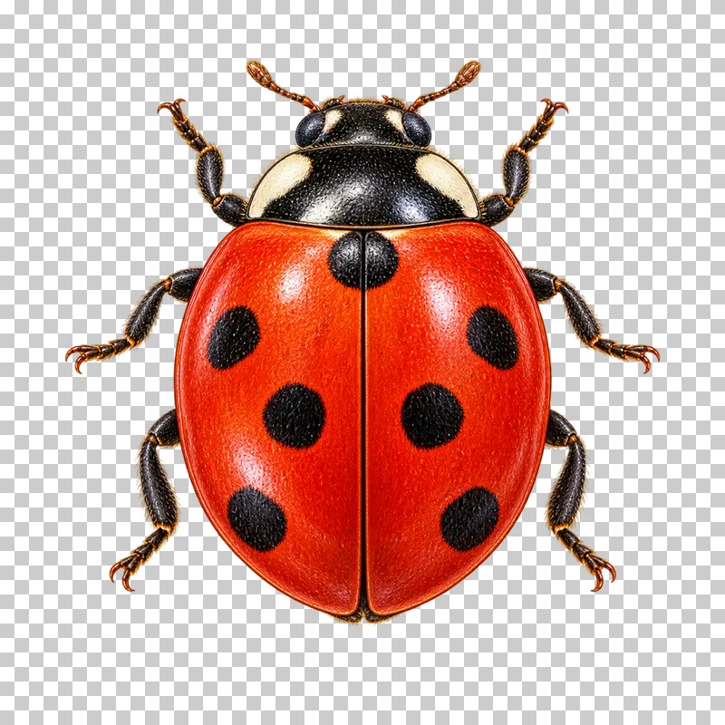 Natural-history colored-pencil illustration of seven spot ladybird adult.