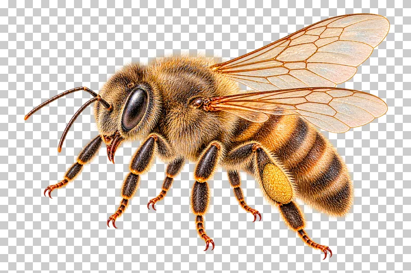Natural-history colored-pencil illustration of western honeybee worker.