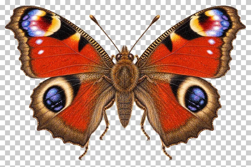 Natural-history colored-pencil illustration of peacock butterfly.