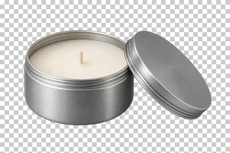 Unbranded open travel candle tin, isolated with a transparent background.