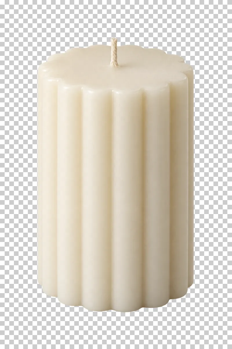 Unbranded ribbed pillar candle, isolated with a transparent background.