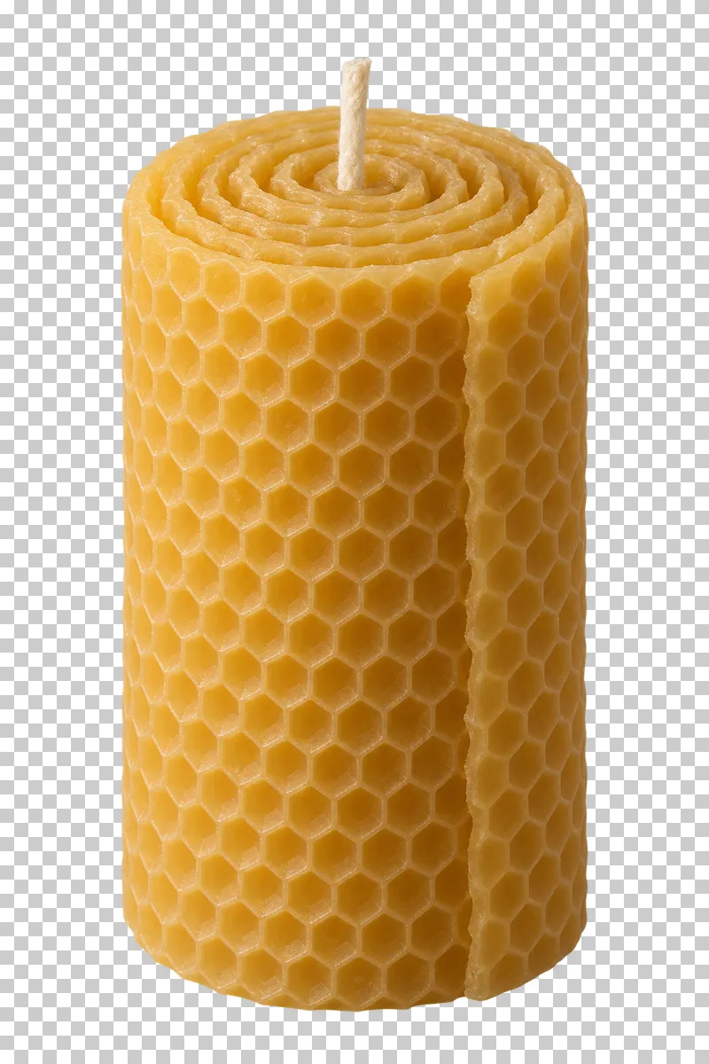 Unbranded rolled beeswax pillar, isolated with a transparent background.