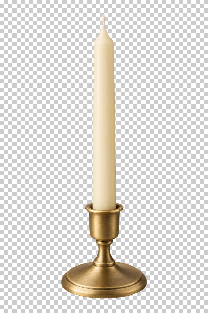 Unbranded taper in brass holder, isolated with a transparent background.