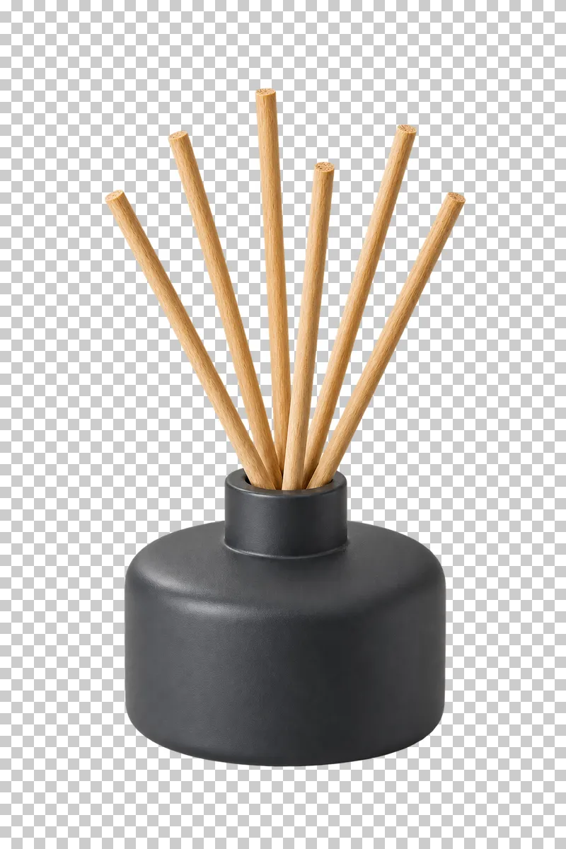 Unbranded round reed diffuser, isolated with a transparent background.