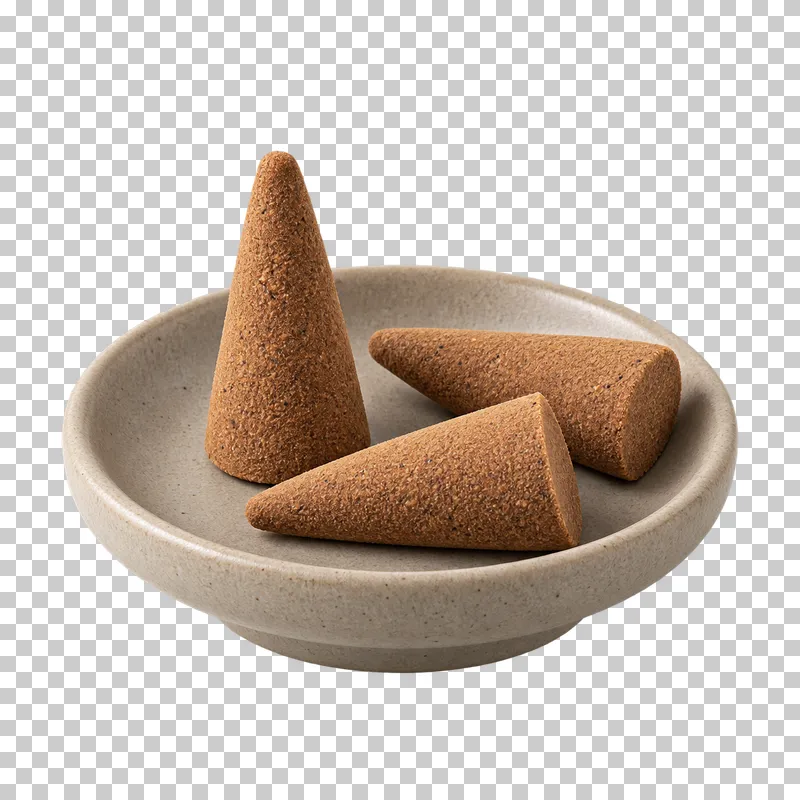 Unbranded incense cones in dish, isolated with a transparent background.