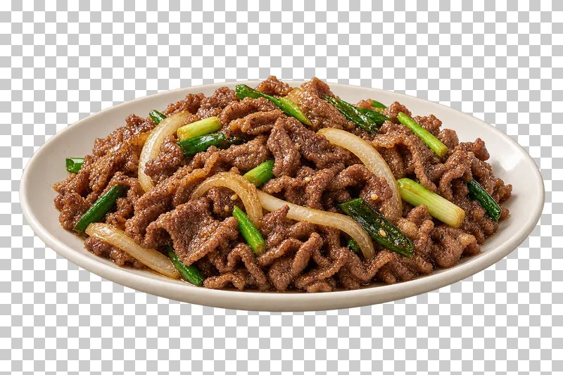 Curled beef bulgogi ribbons with onion and scallion on an oval ivory plate.
