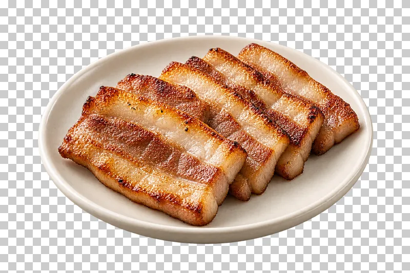 Browned samgyeopsal pork-belly slices with distinct meat and rendered-fat layers on an ivory plate.