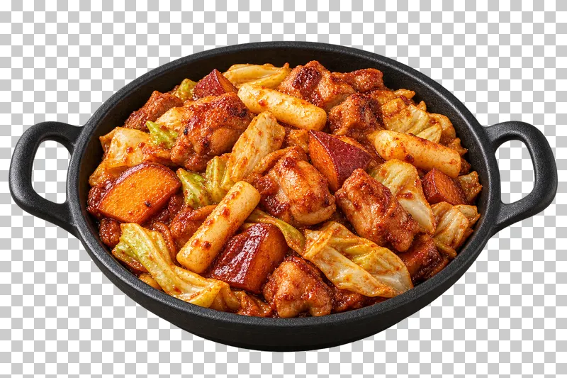 Dakgalbi chicken, cabbage, sweet potato and cylindrical rice cakes in a complete black skillet.
