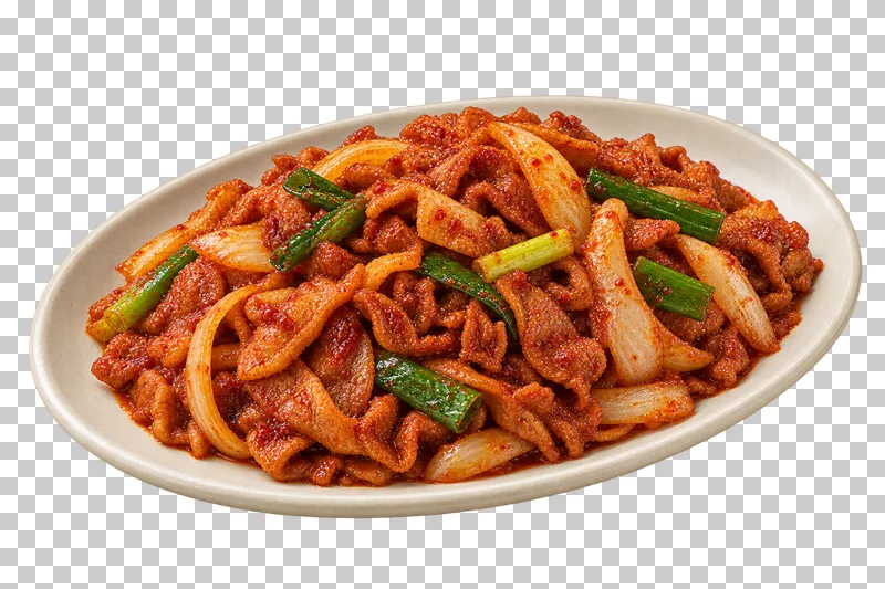 Thin spicy jeyuk-bokkeum pork slices with onion and scallion in red gochujang coating on an ivory plate.